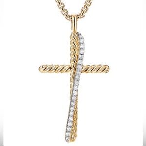 Cable Gold Crossover Cross Pendant Necklace/Pavé Diamonds 17” adjusts to 21"